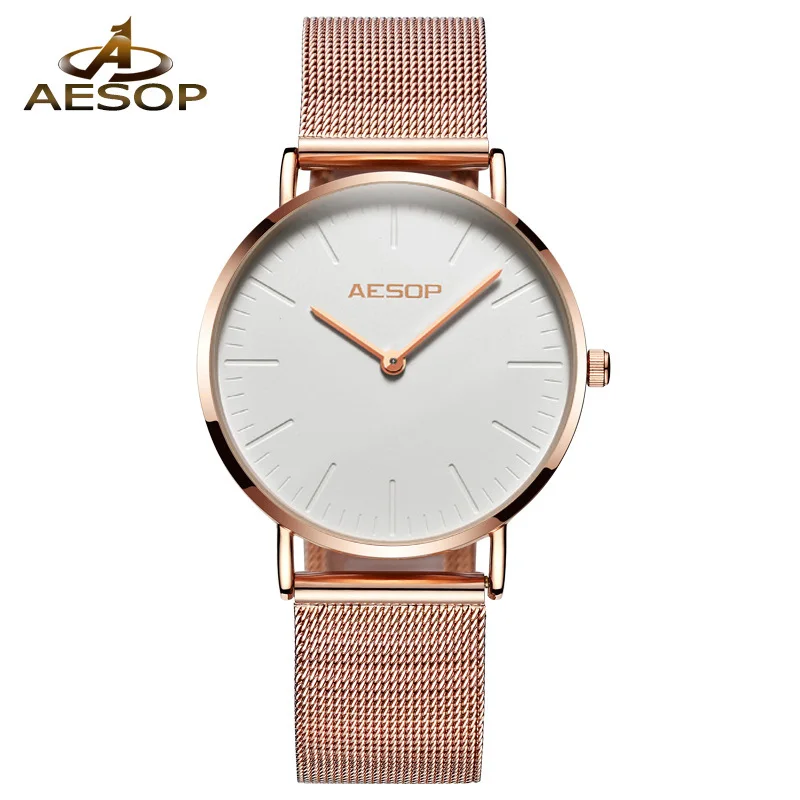 AESOP женские часы Короткие Элегантные кварцевые наручные часы розовое золото простые тонкие женские часы водонепроницаемые Relogio Feminino Montre Saati - Цвет: Белый