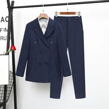 

high quality Navy Blue suit female Korean fashion ladies Slim Blazer Suit Two Piece Trousers + Blazers 2PC Female Sets Pants 5XL