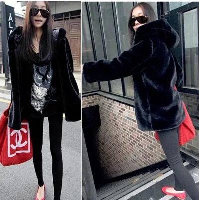 

New Winter 2017 Women Artificial Mink Fur Coat With Hood Ladies Zipper Full Sleeve Loose Long Faux Rabbit Fur Coats