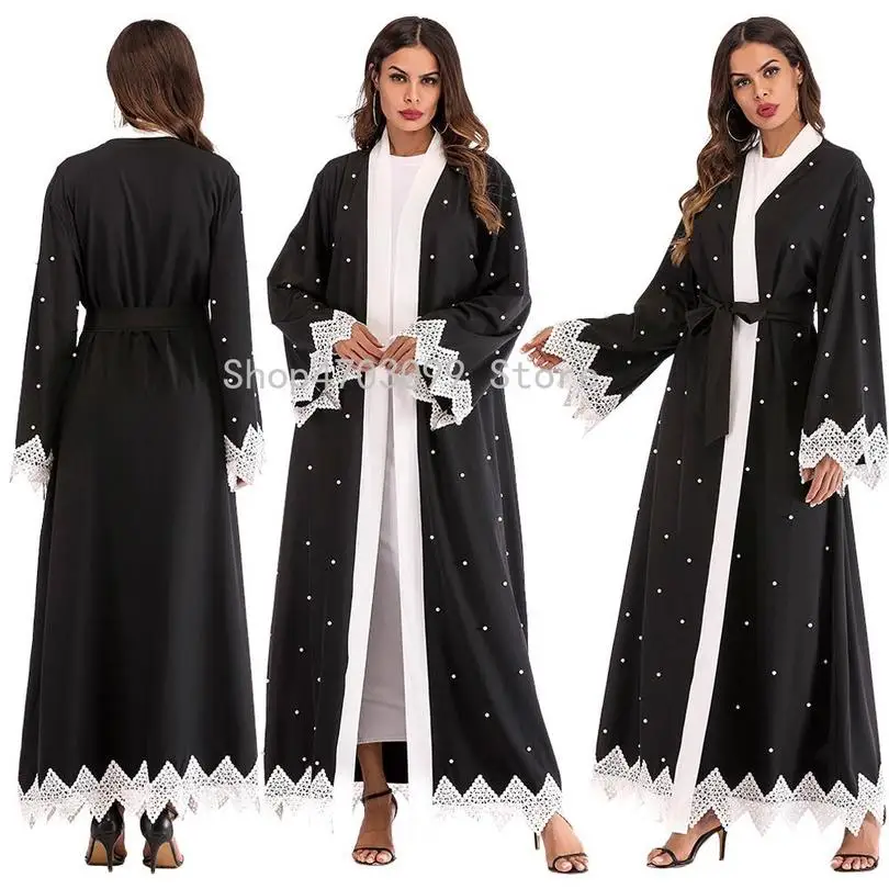 

Women Muslim Open Cardigan Maxi Dress Beads Lace Side Belt Gown Party Cocktail Pearls Middle East Robe Dubai Kaftan Gown
