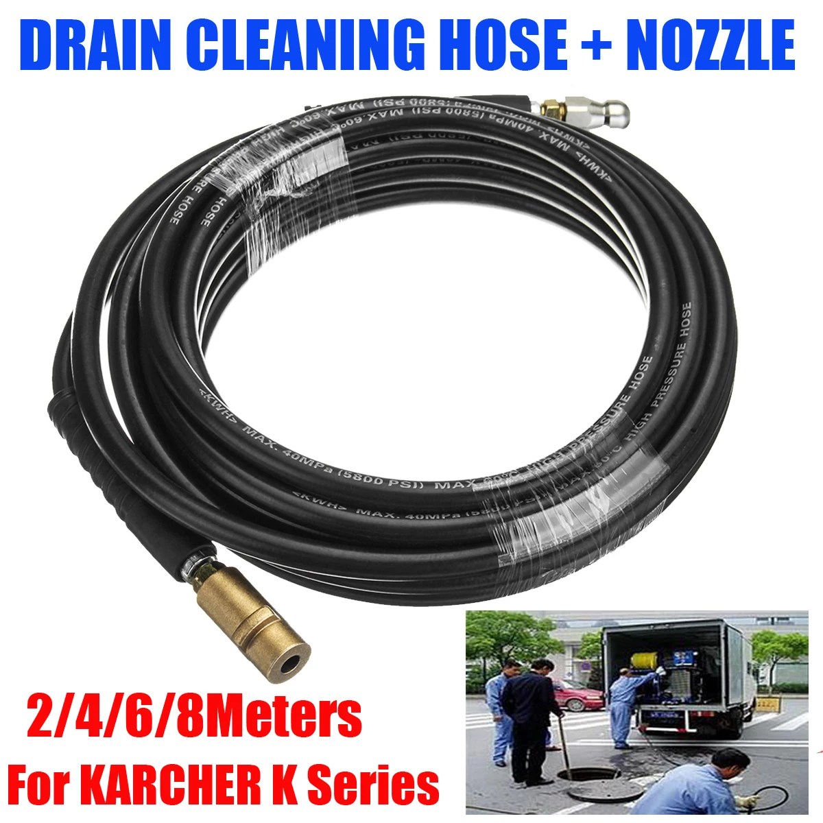 2/4/6/8m Max.40MPa 5800psi Pressure Washer Drain Cleaning Hose with Jet