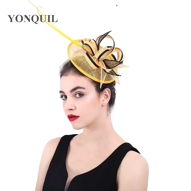 

Yellow Party headwear ostrich quill adorned fascinator with feather base Sinamay hat DIY wedding attractive hair clips SYF333