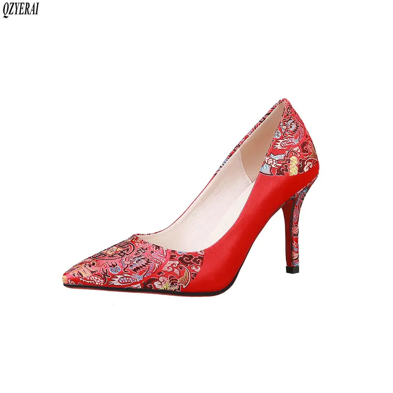 

QZYERAI 2019 spring fashion high heels for girls silk embroidered shoes high heels suitable for banquet wedding