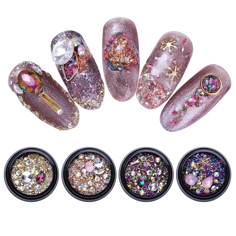 1 Box Mix Acrylic Nail Rhinestones Heart Round Colorful Alloy Metal Frame Sticker 3d Nail Art Decoration Rhinestones Decorations Aliexpress