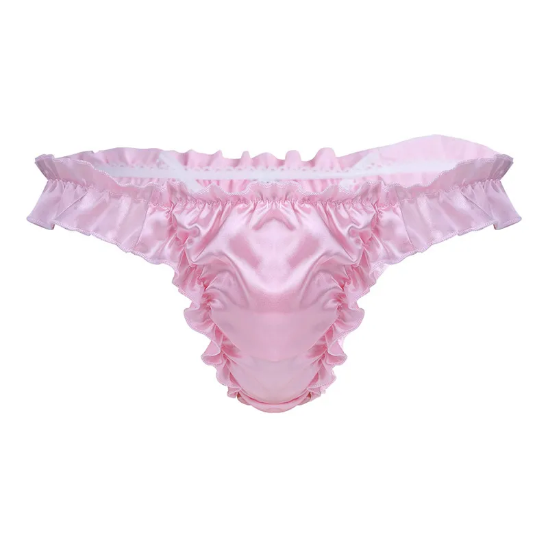 Pink Сексуальное мужское нижнее белье, блестящие гофрированные трусики с оборками, трусы, гладкие, на ощупь, с выпуклой сумкой, бикини, трусы, бандаж, нижнее белье - Цвет: Pink