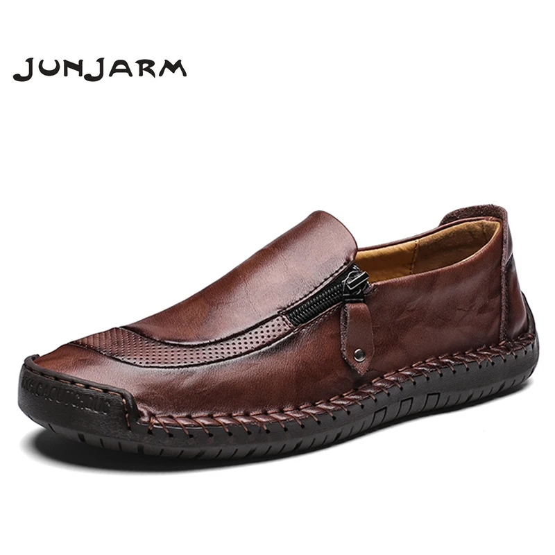 

JUNJARM Brand Mens Loafers Moccasins Men Casual Shoes Cow Split Leather Driving Shoes Men Flats Shoes Black Men Sneaker 38-48