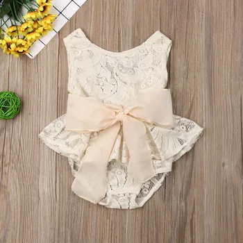

Pudcoco Summer Newborn Baby Girl Clothes Sleeveless Solid Color Lace Flower Ruffle Bowknot Romper One-piece Outfit Sunsuit
