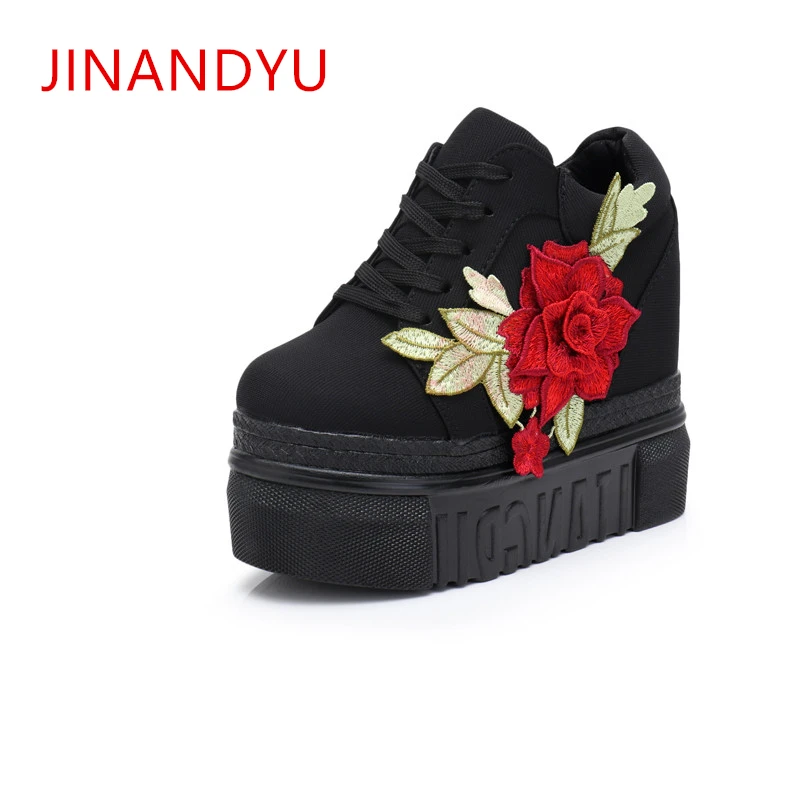 

Hidden Heel 12CM Embroidered Flowers Wedges Shoes Women Platform Canvas Shoes Woman White Lace Up Thick Sole Sneakers Red Black