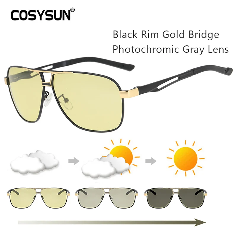Всесезонные фотохромные очки, мужские солнцезащитные очки с большой оправой для вождения, Мужские поляризационные очки, очки для вождения автомобиля, антибликовые 521 - Цвет линз: BlackGoldRim To Gray