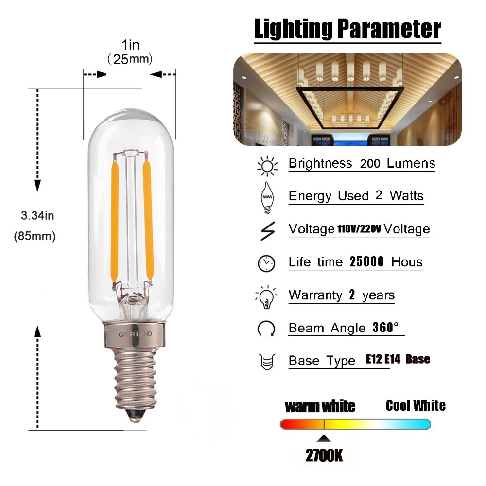 Ganriland затемнения T25 Tubular светодиодный Лампа накаливания 2 W ретро люстра подвесной светильник E12 E14 база 110 V 220VAC теплый белый 2700 K лампа