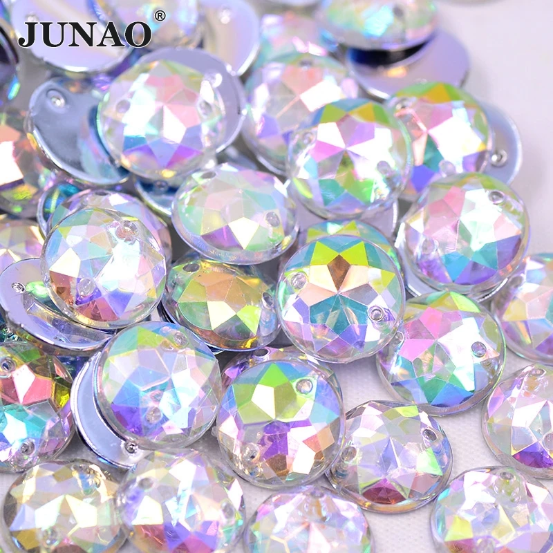 JUNAO 300pcs 12mm Sewing Clear Crystal AB Rhinestones Flat Back