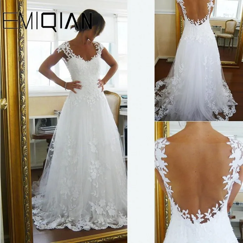 

Elegant A-Line V Neck Cap Sleeve Court Train Tulle Wedding Dress See-through Back Appliques Lace Bridal Gowns