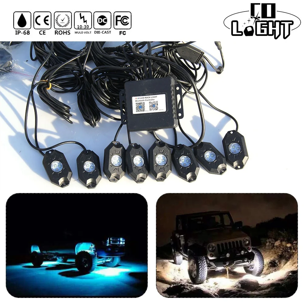 

8PCS Pot RGB LED Offroad Mini Rock Light 7 Colors Music Flashing Wireless Bluetooth Deck Lamp Jeep Wrangler JK CJ TJ 4WD Truck