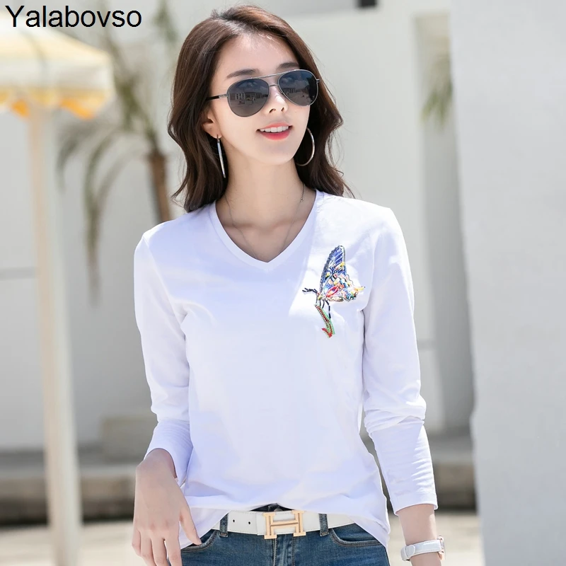 

Newest 92% Cotton Loose T shirts Tops Long Sleeve Bottoming Slim T-Shirts for woman 3D butterfly beading Autumn Tees 1946-1 z20