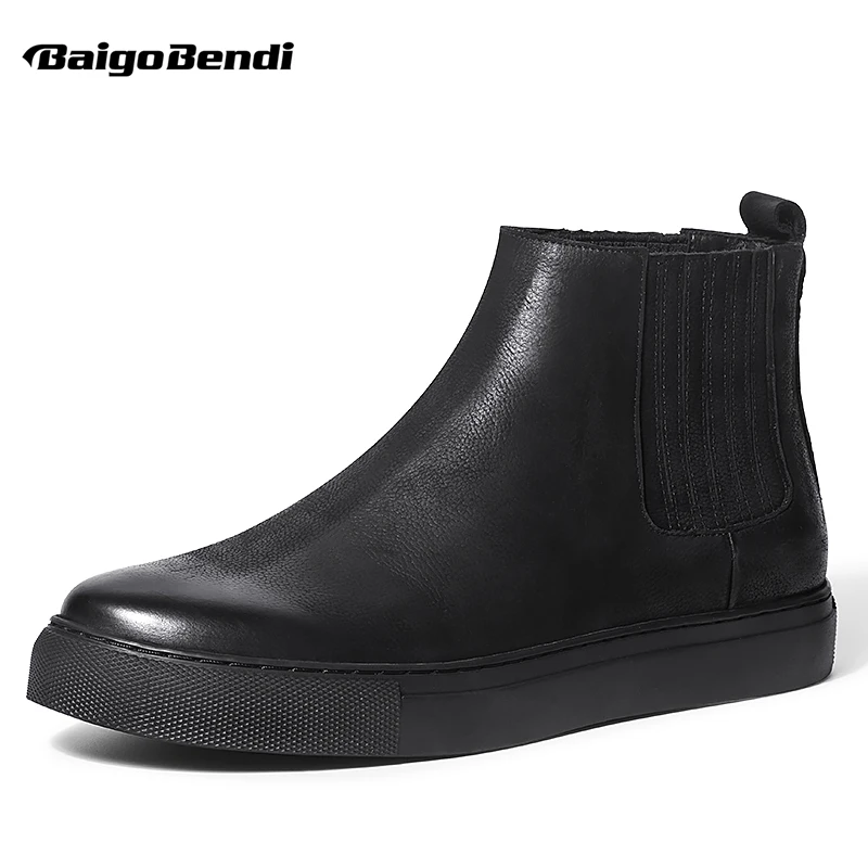 

Hight-end Men Martin Boots Pure Black Slip On Round Toe Ankle Boots Business Man Casual Boots Winter Boots