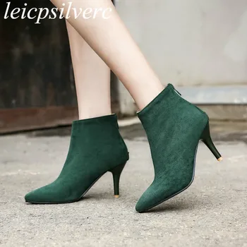 

Women Boots Autumn Winter High Heel Warm Flock Zip Pointed Toe Ankle New Winter Simple Versatile Booties Fashion Green Brown