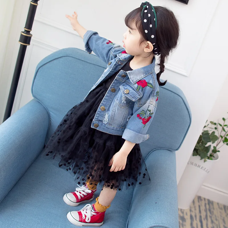 Baby Coat Girls Jean Jackets Kids Rose Embroidery  Coat Long Sleeve Button Denim Jackets For Girls 1-5Y