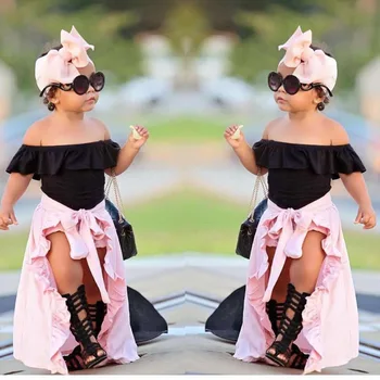 

Roimyal Wholesale 2019 summer new Girls Suit kids black Shoulder Top+pink Skirts+Headband 3pcs clothing sets free shipping