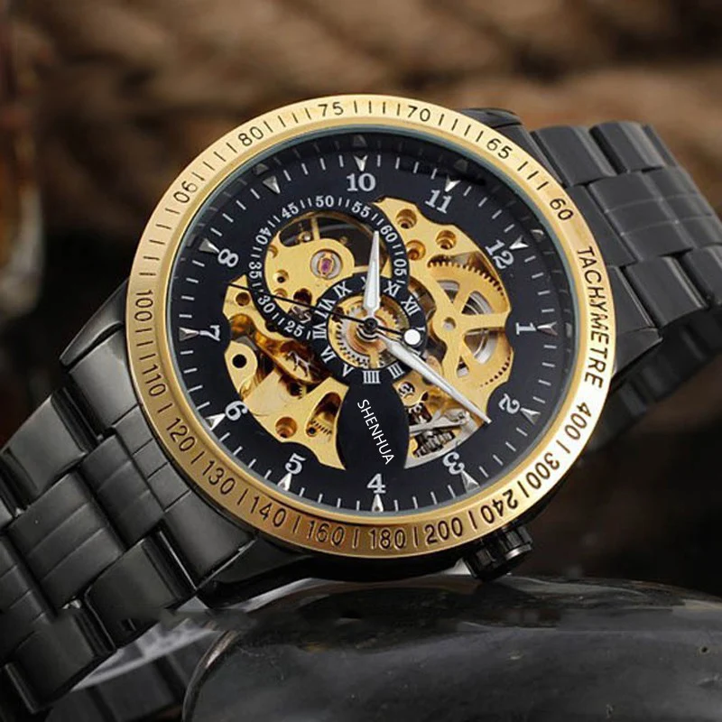 Achat Vintage Noir Or Hommes Squelette de Montre Bracelet en acier Inoxydable Antique Steampunk Casual Automatique Squelette Mécanique Montres Mâle