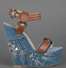 Summer Hot Crystal Side Women Fashion Blue Denim Sandals Brown Leather Buckles Ladies Sexy Wedge Heel