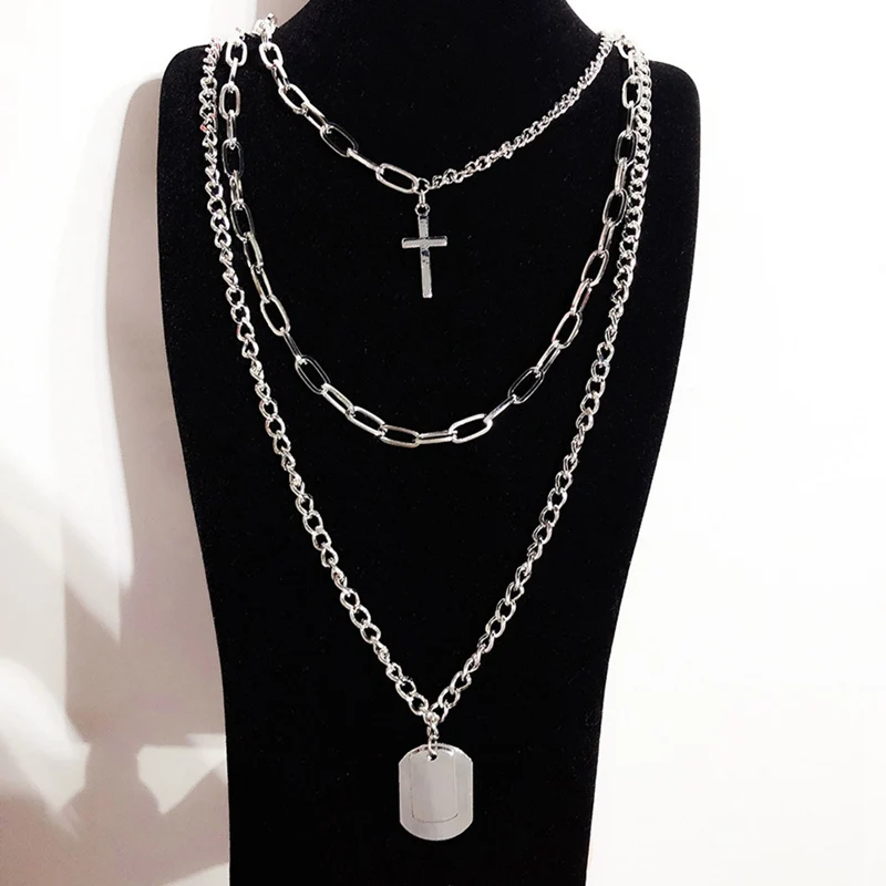 

1Pcs New Multilayers Punk Silver Chains Cross Necklace Couple Fashion Street Hip Hop Geometric Metal Pendant Necklaces for Women