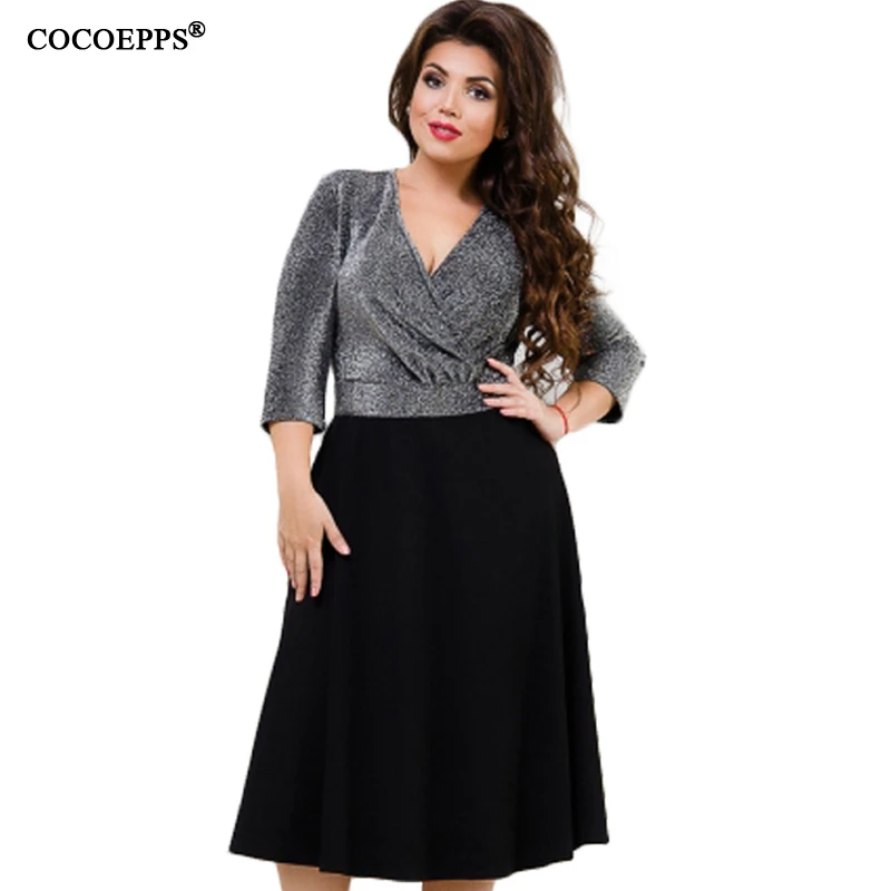 

2018 Sexy Party Dress Female Big Vestidos 5XL 6XL Metallic Knitted Winter Dress Plus Size Women Dress Flare Black A-line Dresses