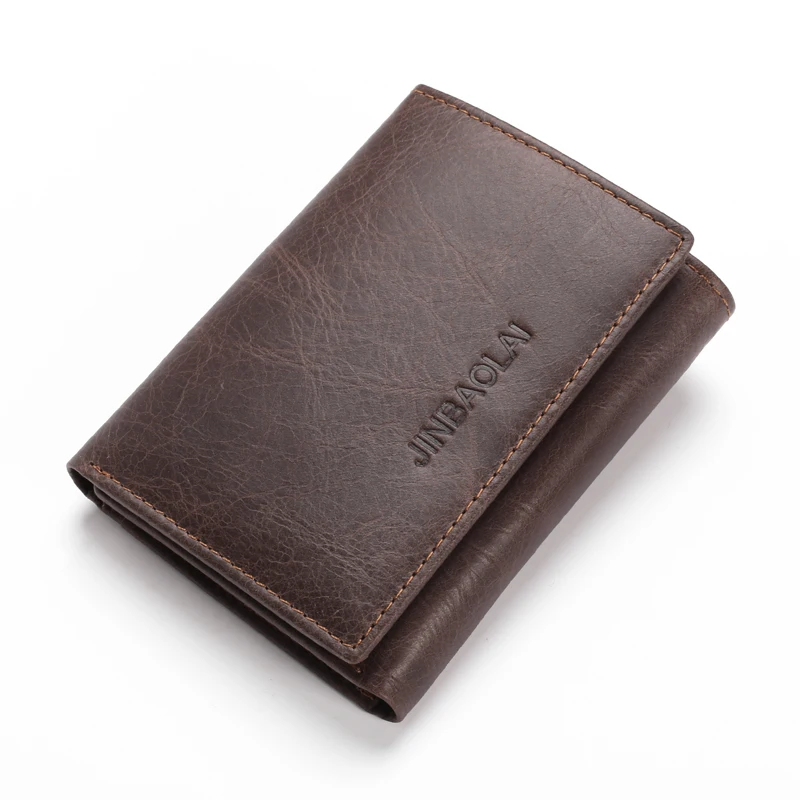 Genuine Leather Men RFID Blocking Slim Wallets Hasp Trifold Wallet For Men With Flip Out ID ...