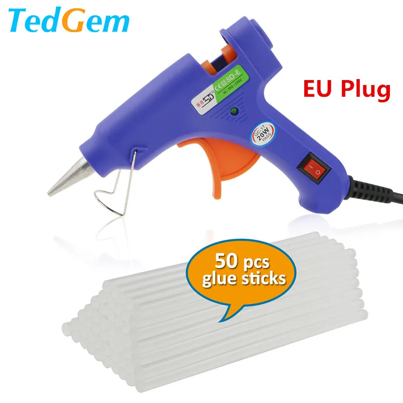 

Tedgem High Temp Heater Melt A Hot Glue Gun 20W Repair Tool Heat Gun EU Plug With 50Pcs 7MM*190MM Glue Sticks