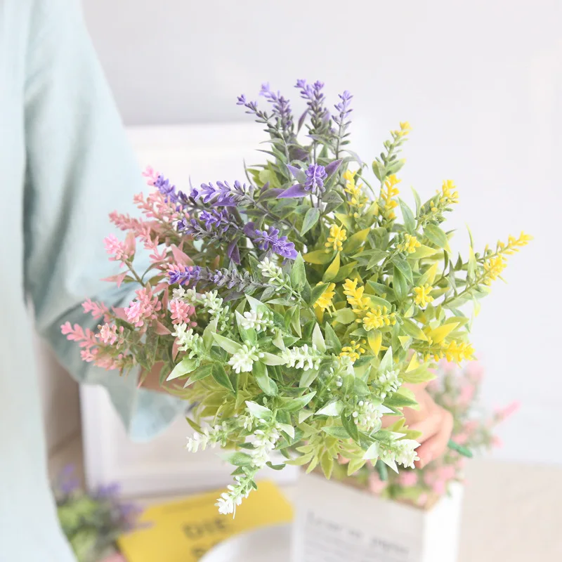 

10pcs Romantic Artificial Flowers Plastic Lavender Bouquet with Green Leaves for Home Party Wedding Decorations