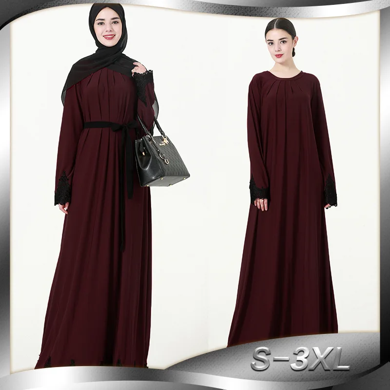 Женское мусульманское платье с круглым вырезом и Длинными Рукавами Аппликации лоскутное плюс Размеры 3XL Абая, головной платок Дубай