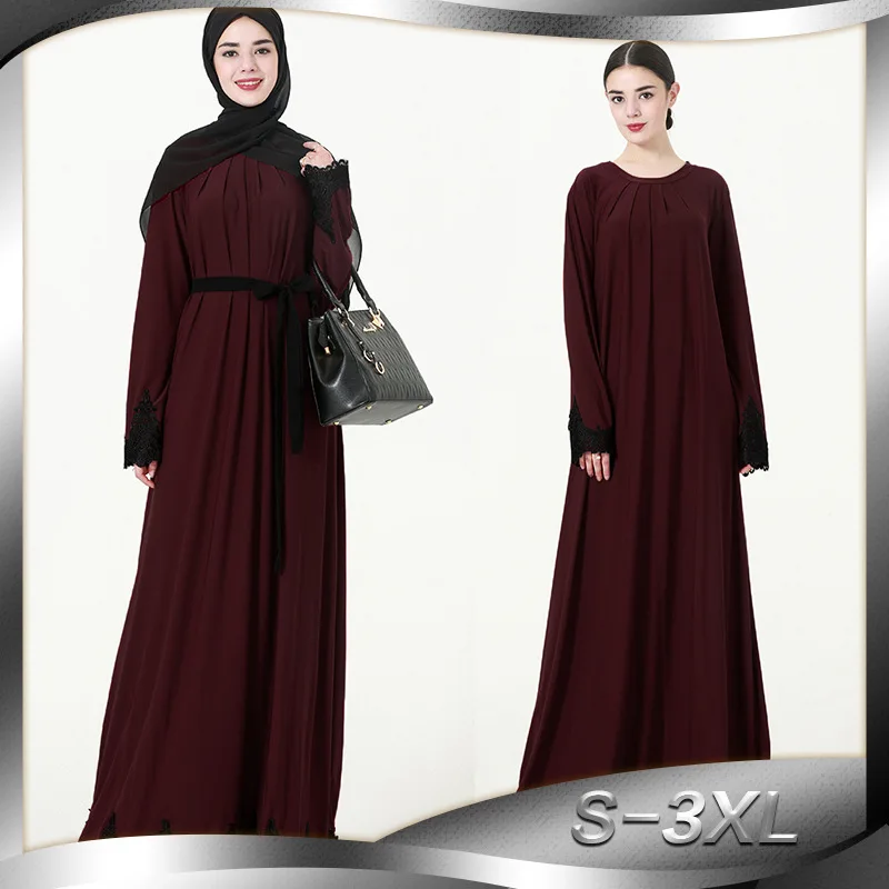 

Women Muslim Dress O Neck Long Sleeve Appliques Patchwork Plus Size 3XL Abaya Jilbab Dubai Turkish Clothes for Muslim Women