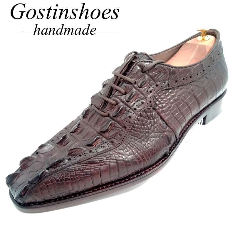 Goodyear/Мужские модельные туфли ручной работы; Роскошные коричневые туфли из натуральной крокодиловой кожи на шнуровке с острым носком; мужские официальные туфли; оксфорды; GSTN014
