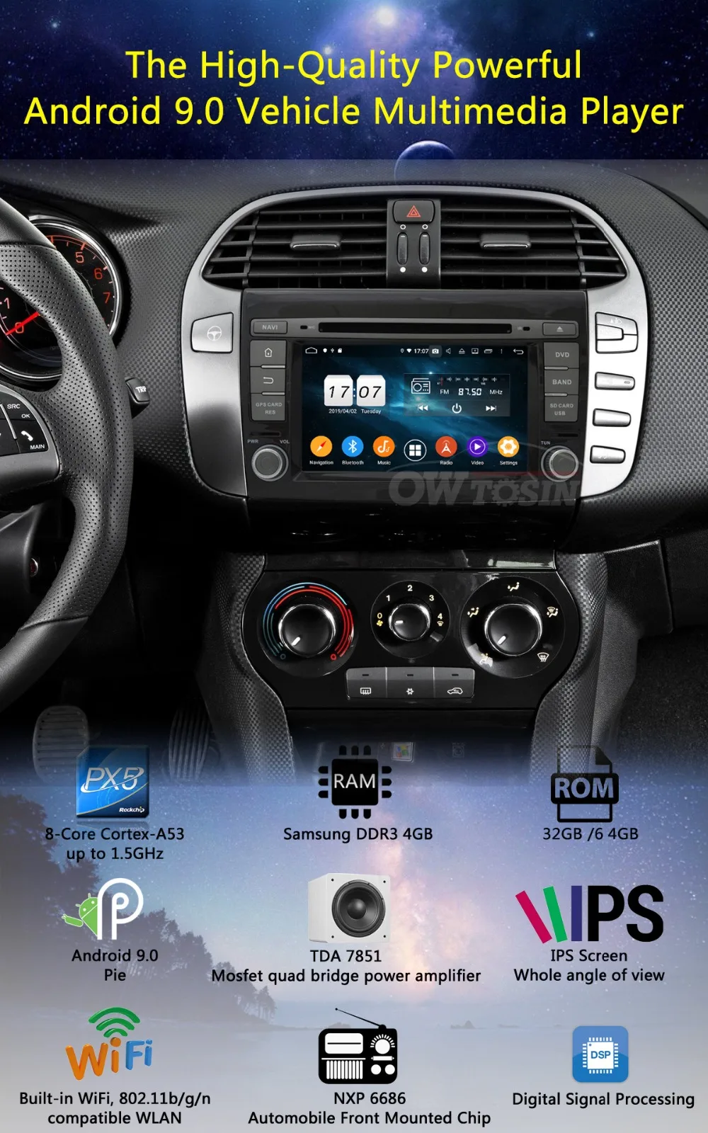Clearance 7" IPS Octa Core 4GB RAM+64GB ROM Android 9.0 Car DVD Radio Multimedia GPS Navi for Fiat Bravo 2007-2012 DSP CarPlay Parrot BT 1