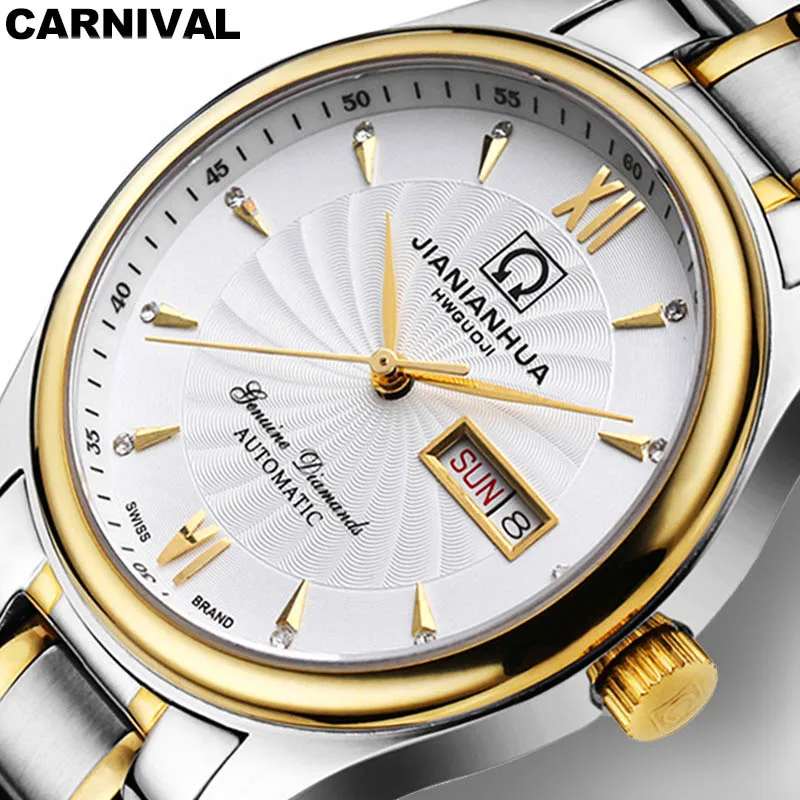

Carnival Watch men Stainless Steel Automatic Mechanical Luminous Waterproof Week date White Watches