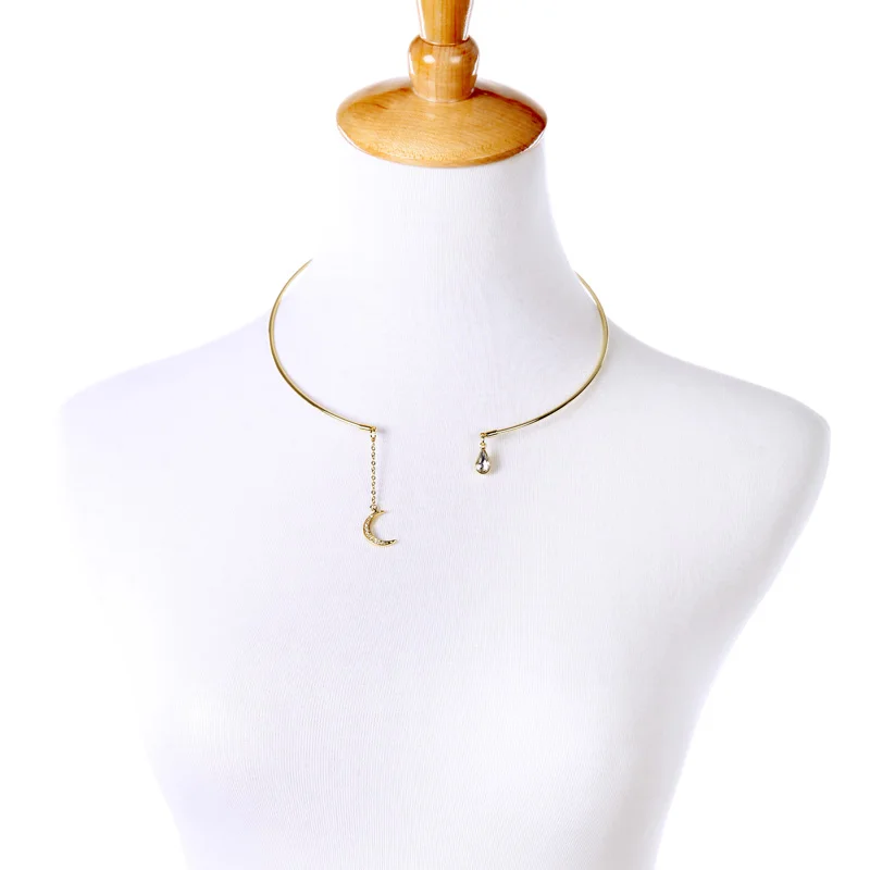 Maxi Necklace Punk Style Statement Necklace Summer Style Gold Color with Crystal Moon Choker
