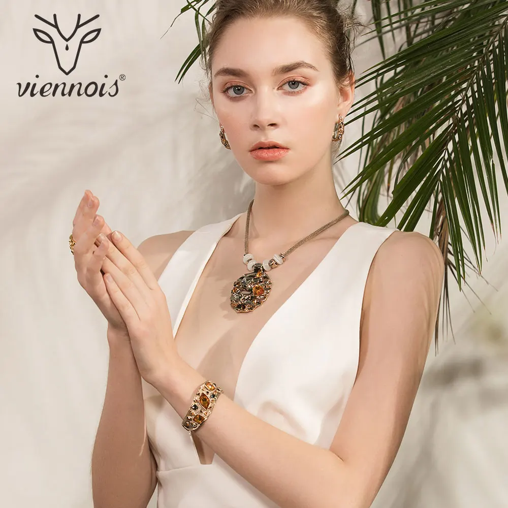 Viennois Кофе Золотой, цветной Кристаллы подвески Цепочки и ожерелья, серьги, кольцо, браслет Ювелирные наборы для Для женщин Роскошные вечерние ювелирные изделия