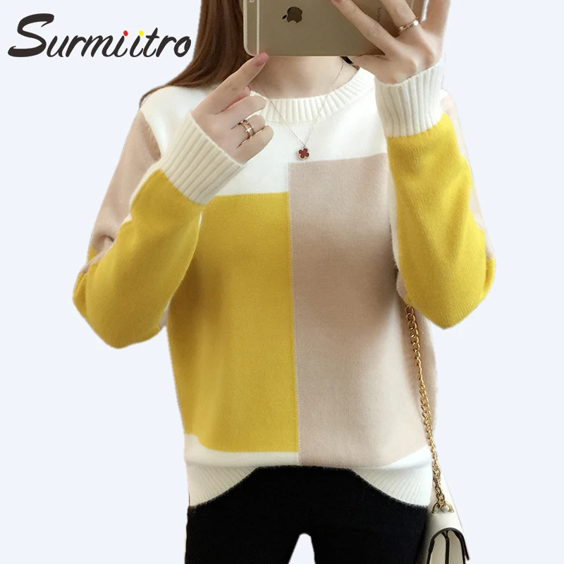 Surmiitro سترة النساء لفصل الشتاء 2018 أزياء الخريف خليط محبوك طويلة الأكمام السترة الإناث التريكو الطائر سحب فام