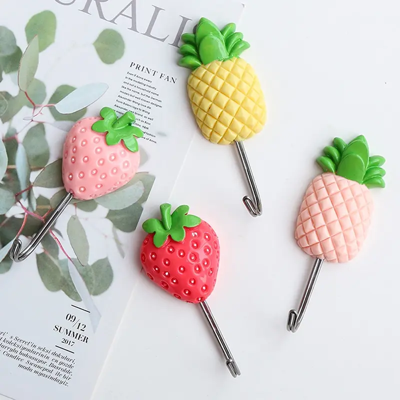 1PC Fruit Pineapple Strawberry Wall Seamless Sticky Strong Resin Stainless Steel Hooks Kitchen Free Nail Hook Hot