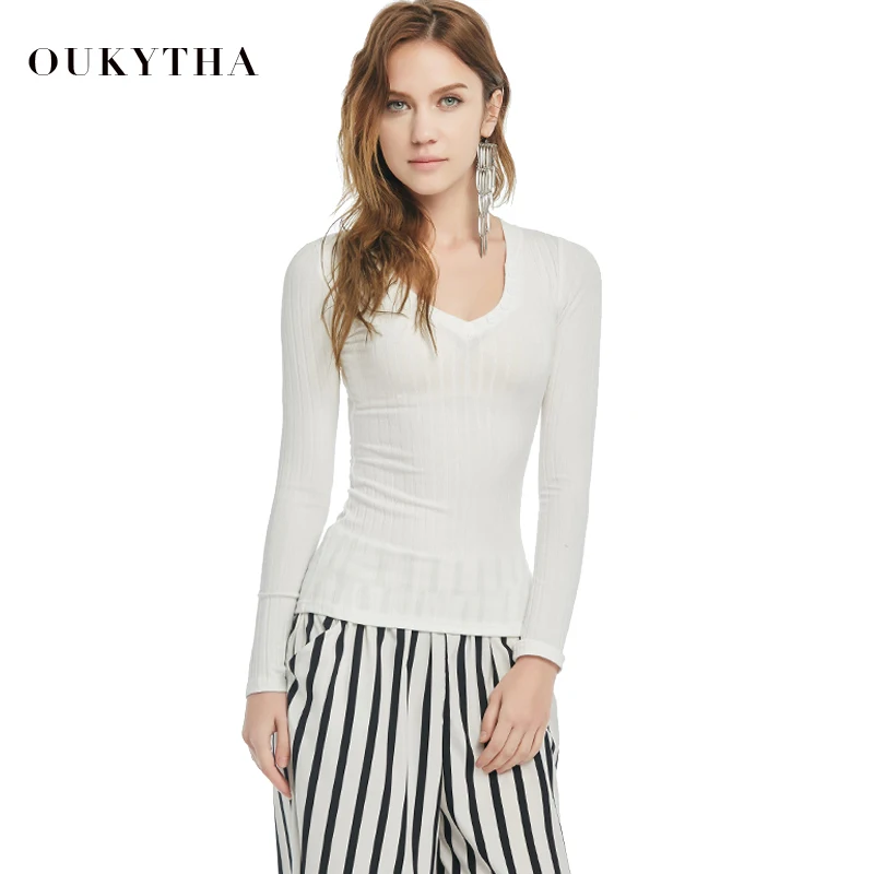 

Oukytha 2018 spring Long Sleeves Slim Fit Bodycon V-neck Top with Buttons Casual All-match Solid White/Black Shirt M15138