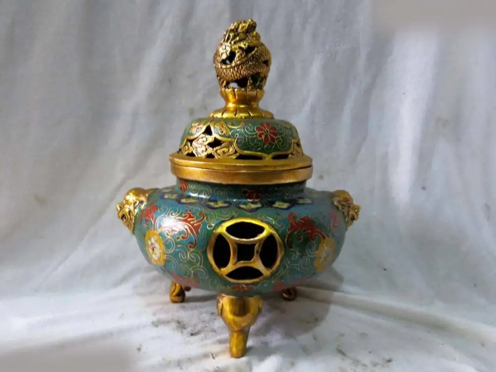 

China bronze gold Cloisonne money dragon lion elephant censer Incense Burner (D0426)