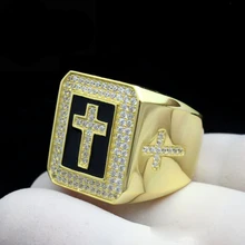 Ювелирные изделия в стиле хип-хоп, роскошные кольца из чистого кристалла с большим камнем, кубическим цирконием ААА для мужчин и мальчиков, мужское металлическое Золотое кольцо с крестом и цирконием