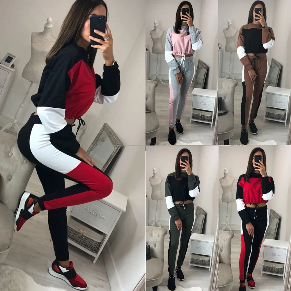 Женский спортивный костюм осенний из двух предметов с круглым вырезом и