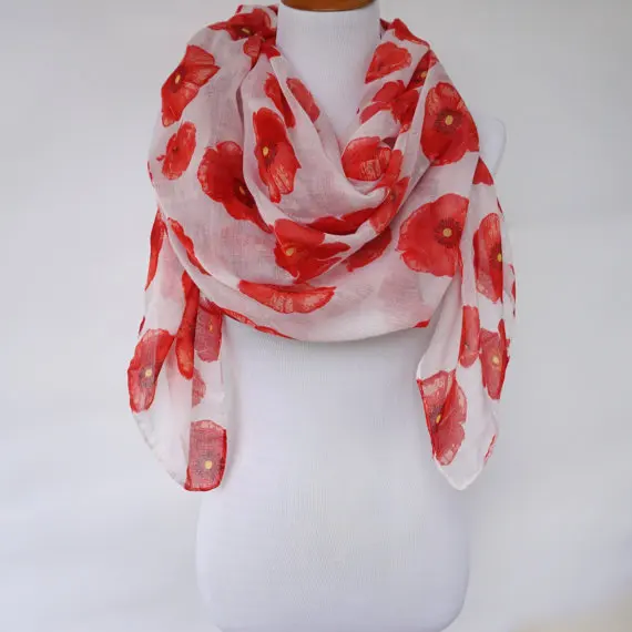 Large Poppy Floral Print Ladies Scarf in White