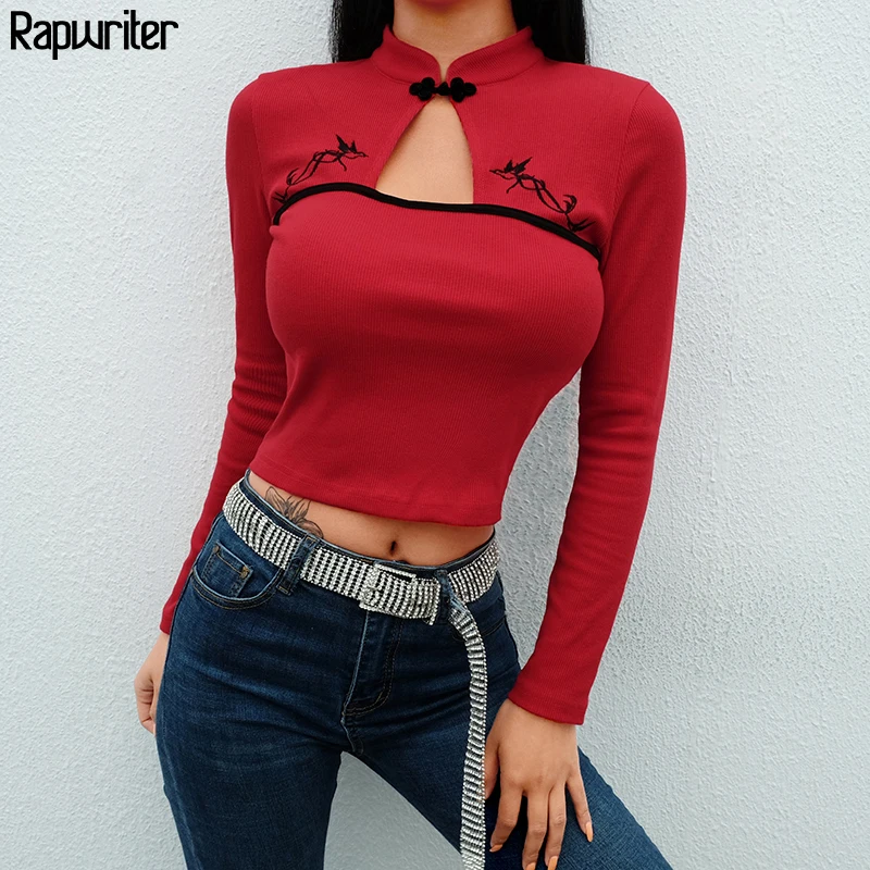 

Rapwriter Chinese Style Hollow Out Stand Collar Phoenix Embroidery Crop T-Shirt Women 2018 Spring Stretch Long Sleeve Tees Top