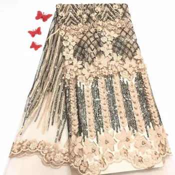 

High Quality African Lace Fabric 2019 NEW Nigerian French Swiss voile With Beads Mesh Lace Fabrics 5 yards Red For Wedding A1135