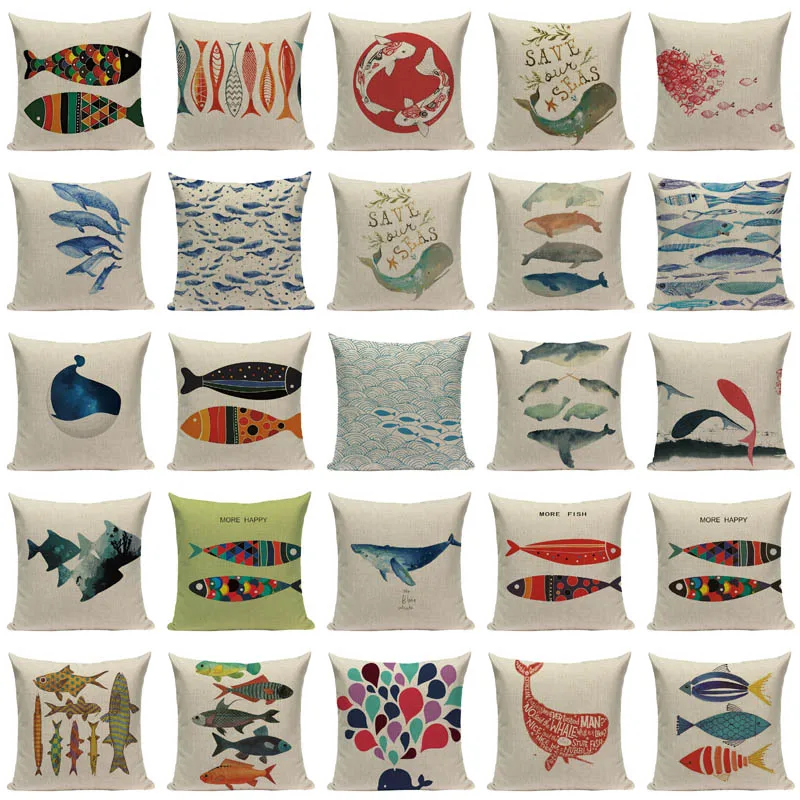 Colorful Sea Animal Fish Pattern Cotton Cushion Cover Pillowcase Chair Waist 