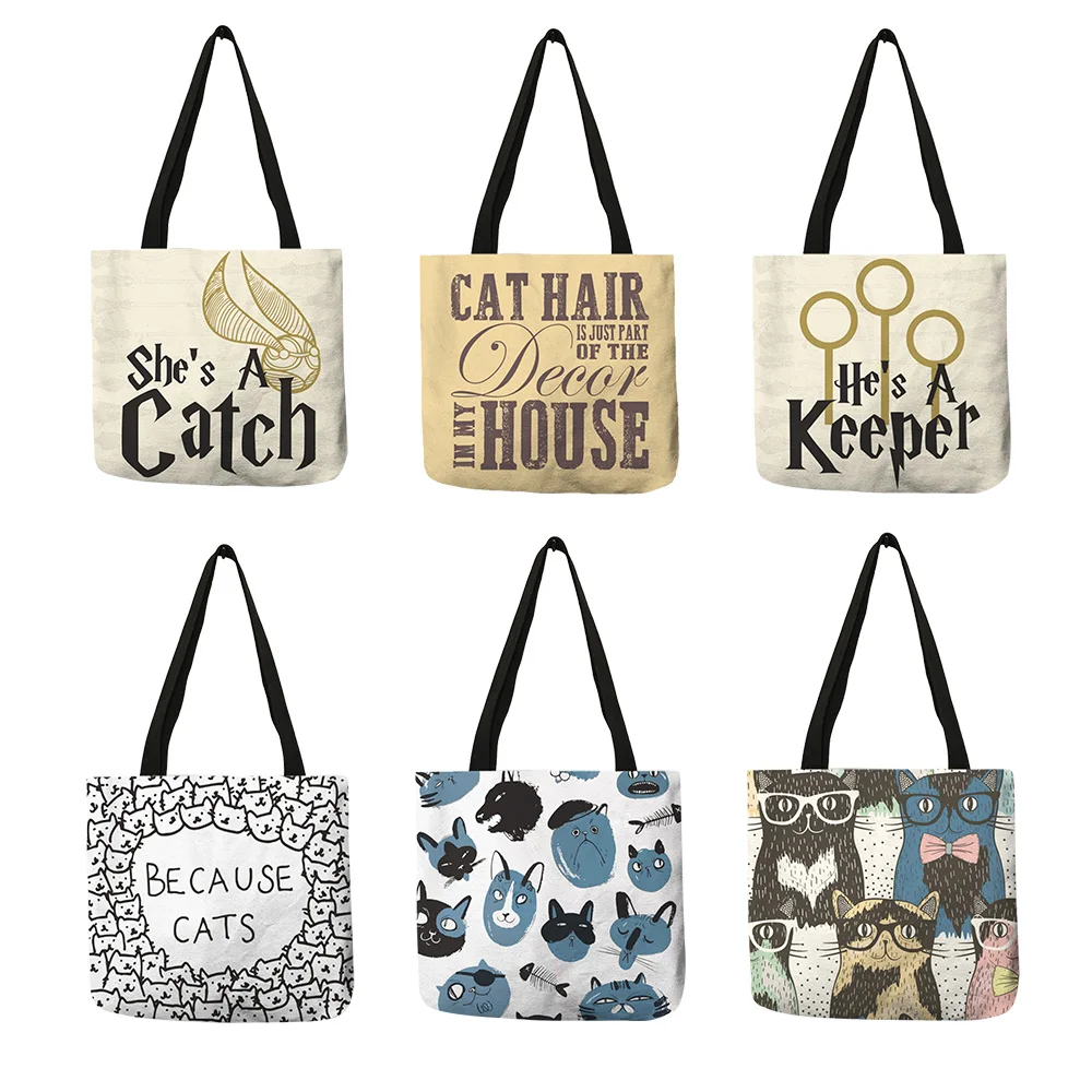 Cute  Cat Print Tote Bag For Women Customized Linen Handbag Folding Reusable Shopping Bags Traveling School Shoulder Bag