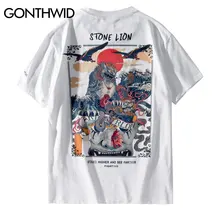 GONTHWID, уличная футболка с изображением китайского каменного льва,, мужские повседневные уличные футболки в стиле Харадзюку, хип-хоп, мужские хлопковые футболки, топы
