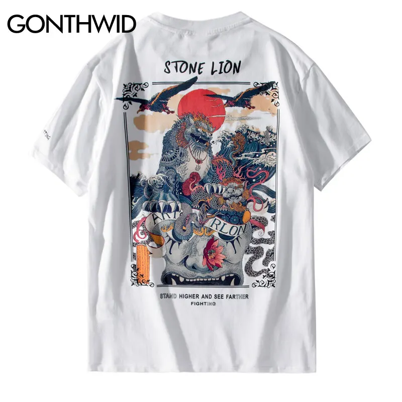 Gonthwid Chinese Stone Lion Printed Streetwear T Shirts 2019 Mens