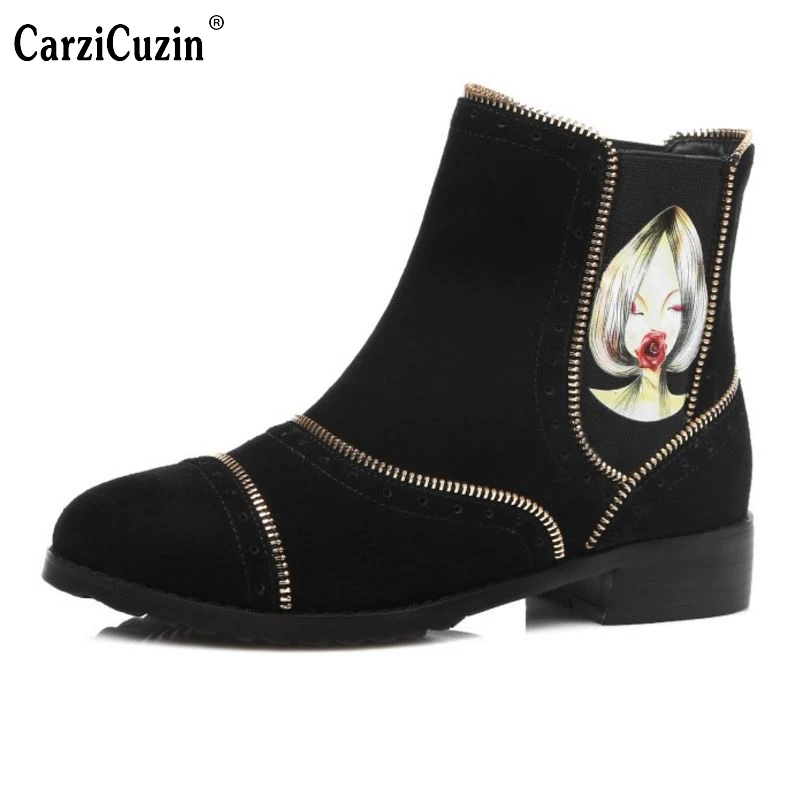 

Brand New Women Genuine Leather Ankle Boots Woman Fashion Floral Square Heel Botas Fur Winter Warm Shoes Size 31-45